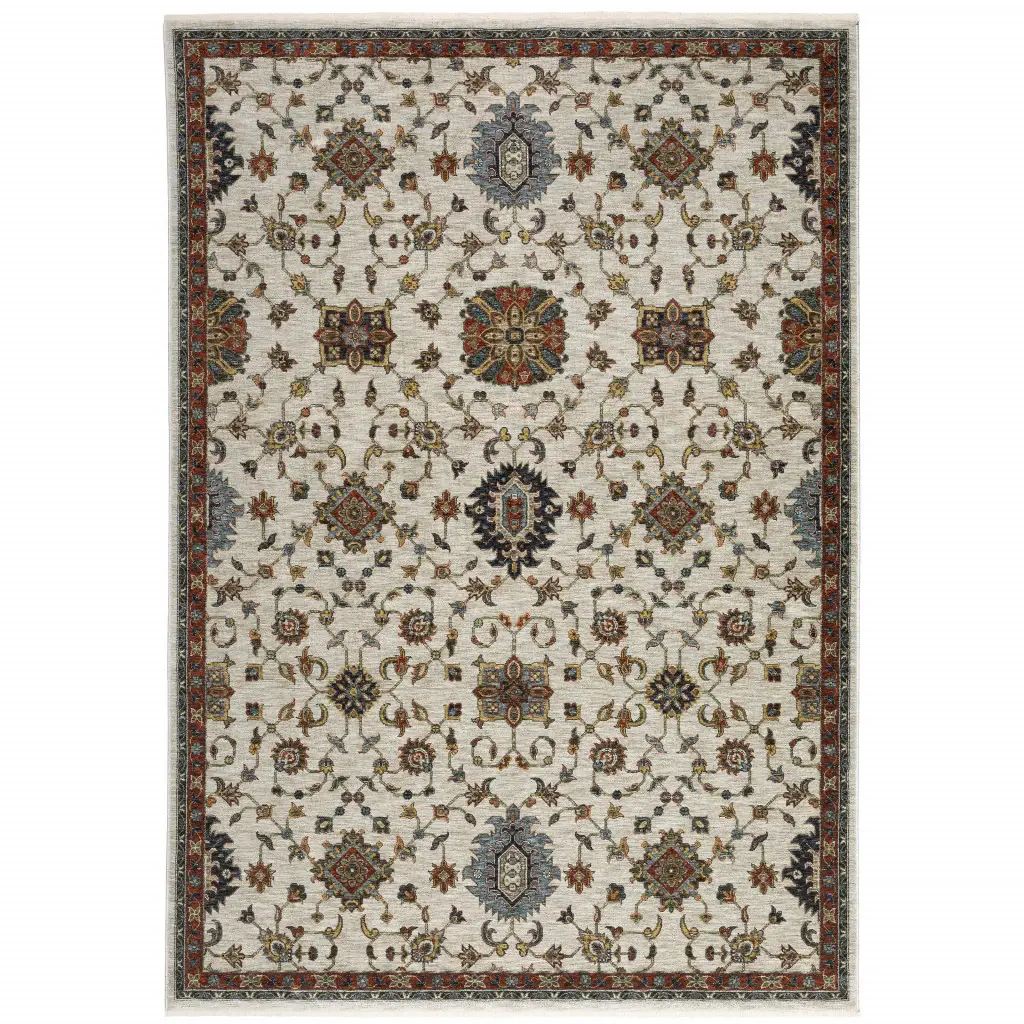 3' X 5' Beige Rust Red Blue Gold And Grey Oriental Power Loom Stain Resistant Area Rug With Fringe - Image 2