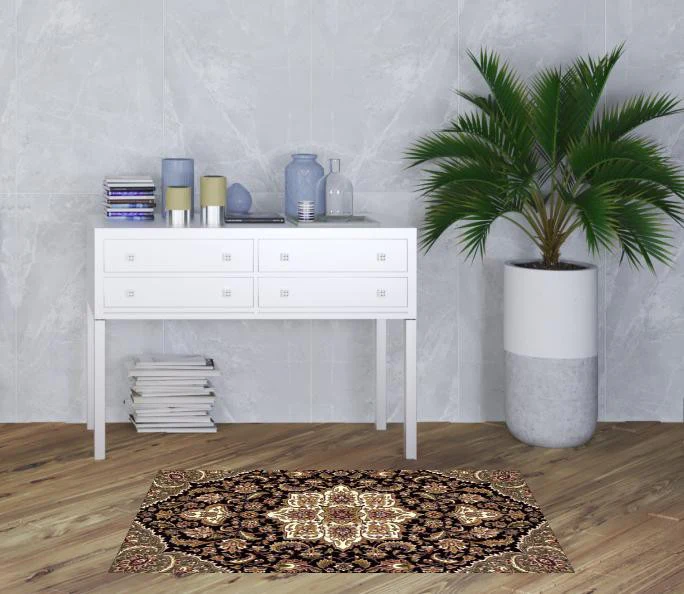 3' X 5' Black Beige Machine Woven Floral Medallion Indoor Area Rug - Image 2