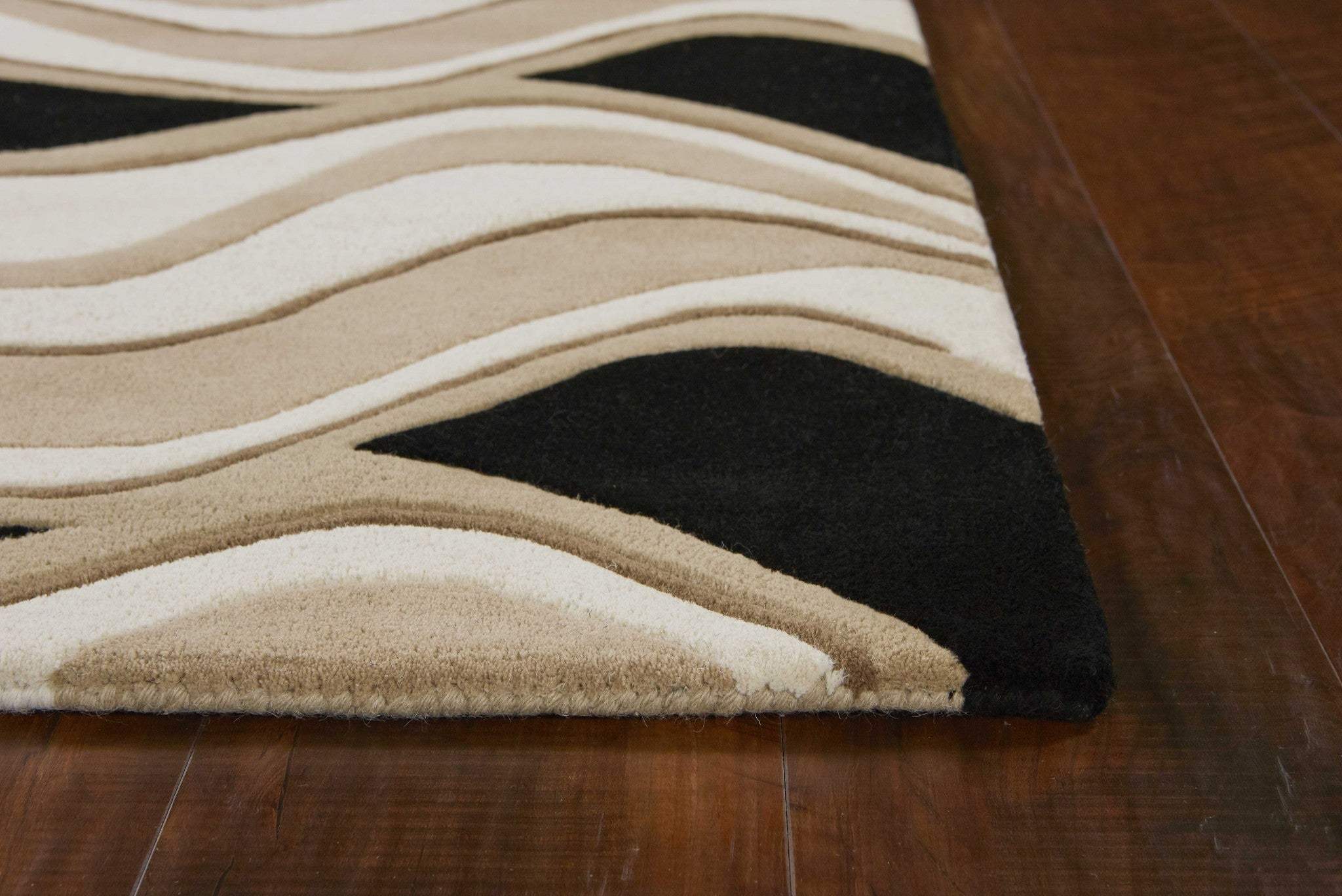 3' X 5' Black Or Beige Abstract Waves Wool Area Rug - Image 4