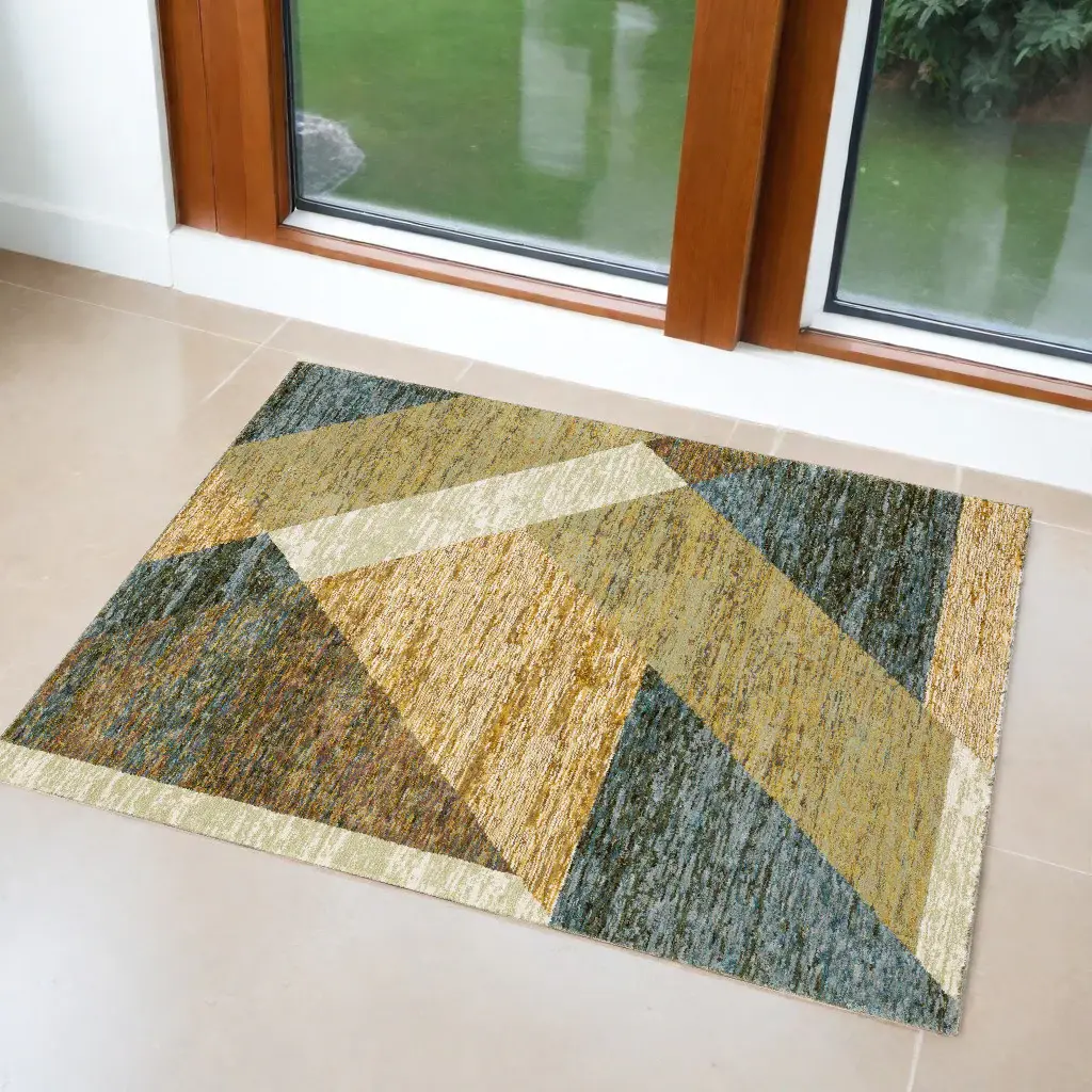3' X 5' Blue and Beige Geometric Power Loom Area Rug