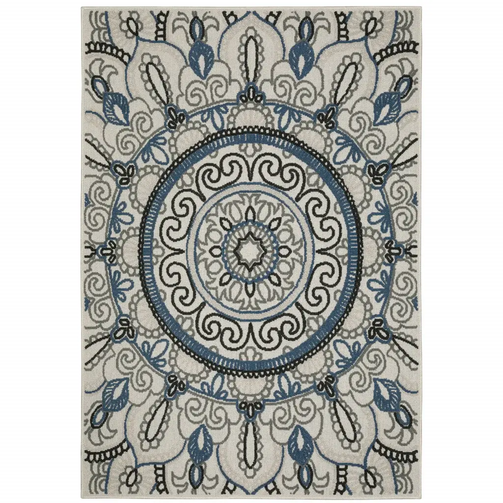 3' X 5' Blue and Beige Geometric Stain Resistant Indoor Outdoor Area Rug
