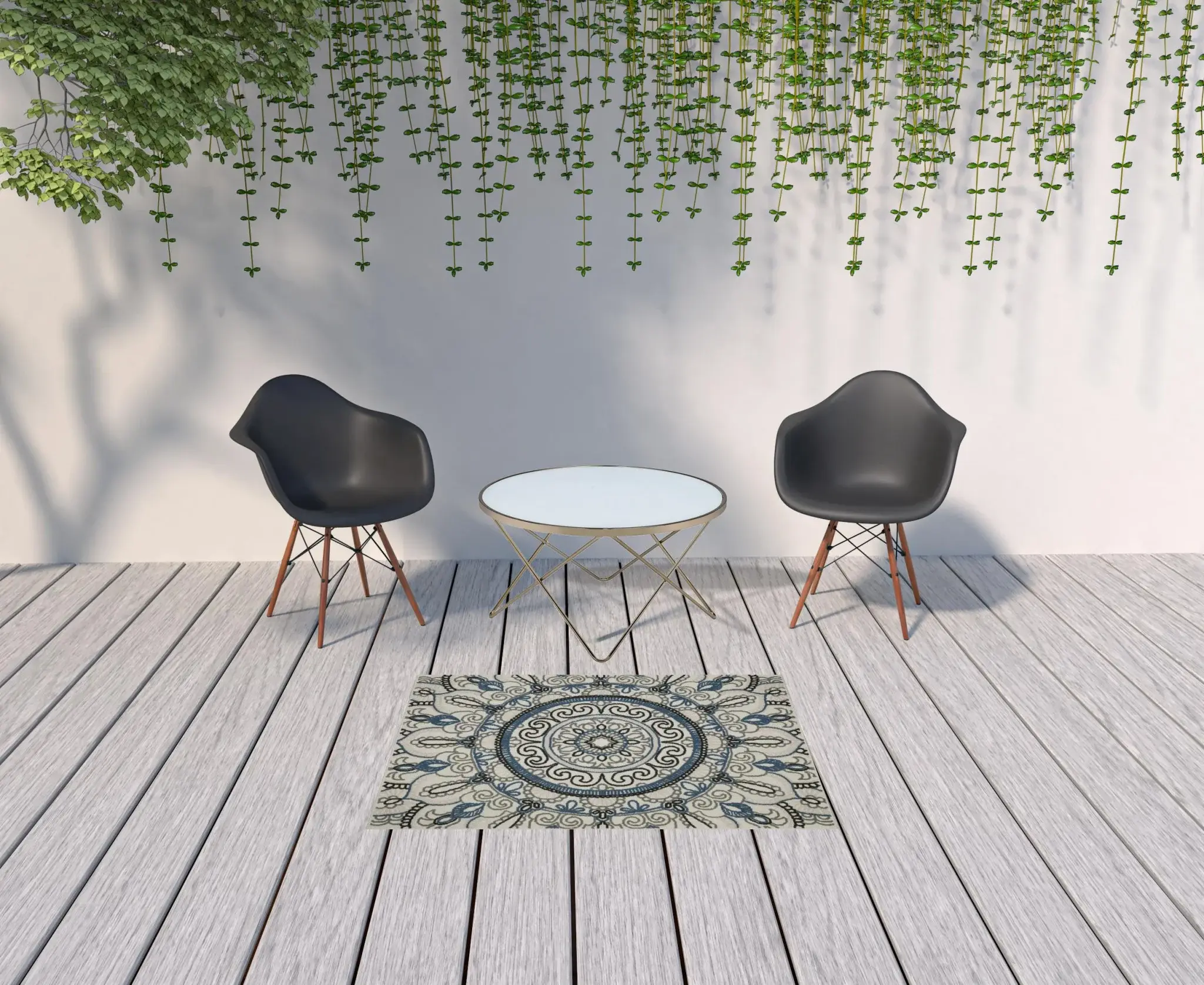 3' X 5' Blue and Beige Geometric Stain Resistant Indoor Outdoor Area Rug - Image 2