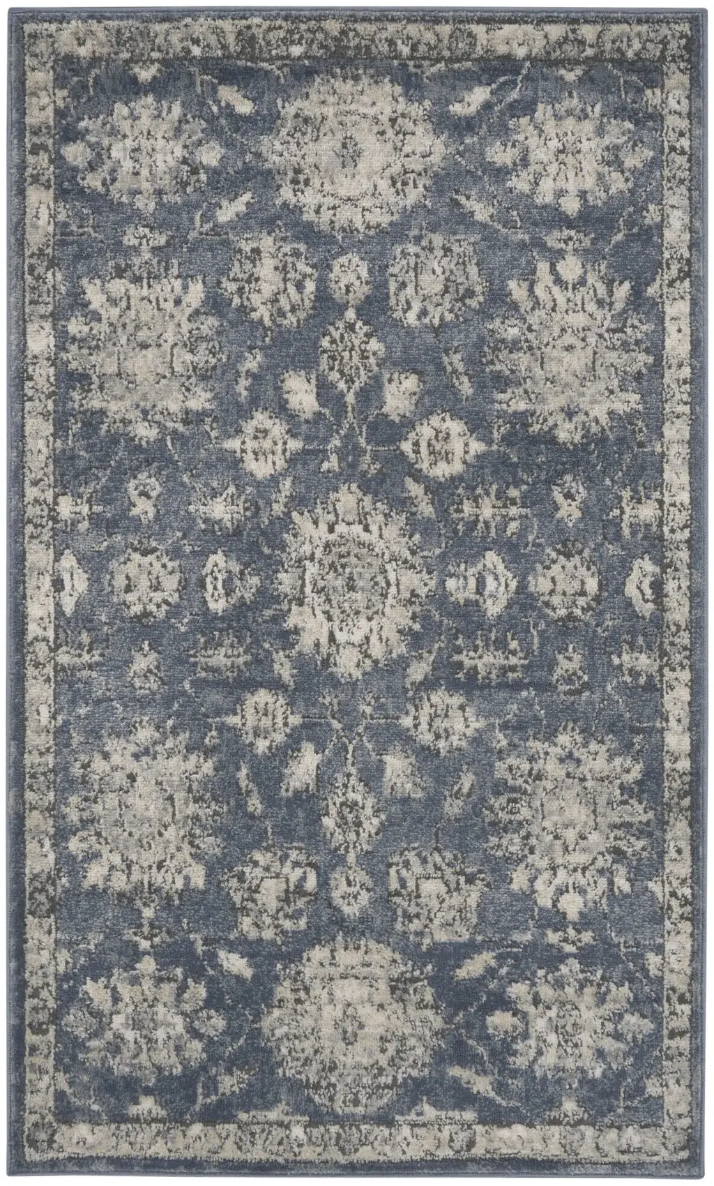 3' X 5' Blue And Beige Oriental Power Loom Non Skid Area Rug