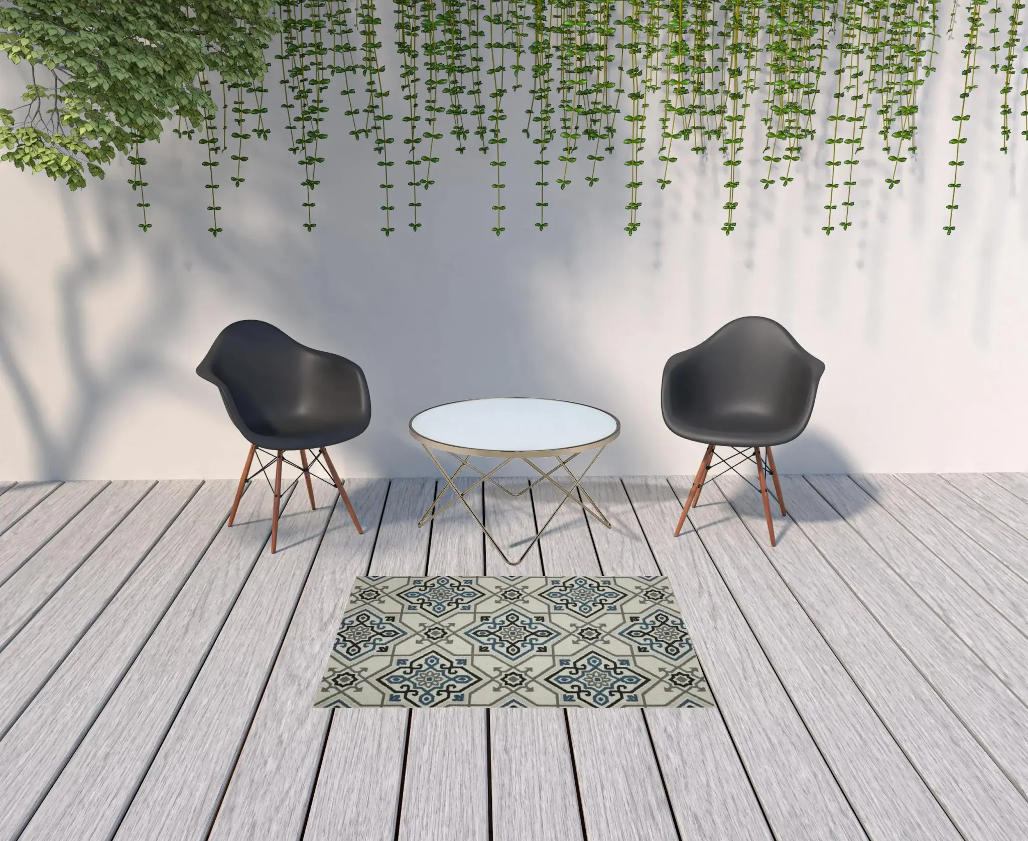 3' X 5' Blue and Beige Oriental Stain Resistant Indoor Outdoor Area Rug - Image 2