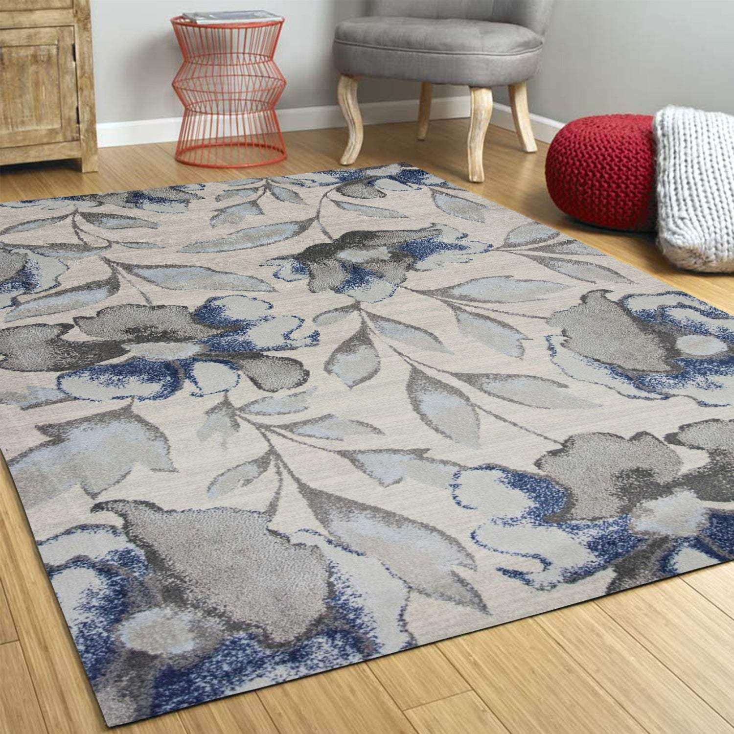 3' X 5' Blue and Gray Floral Vines Area Rug - Image 5