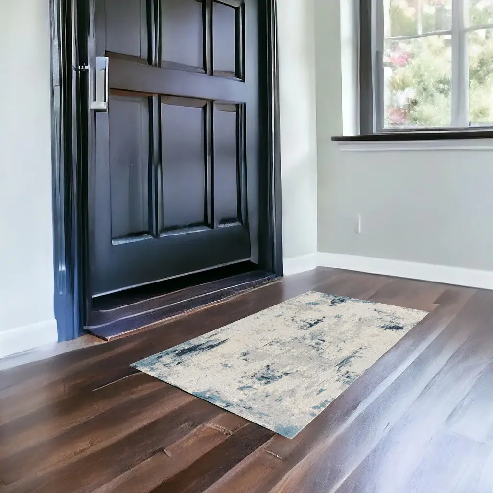 3' X 5' Blue And Ivory Abstract Strokes Area Rug