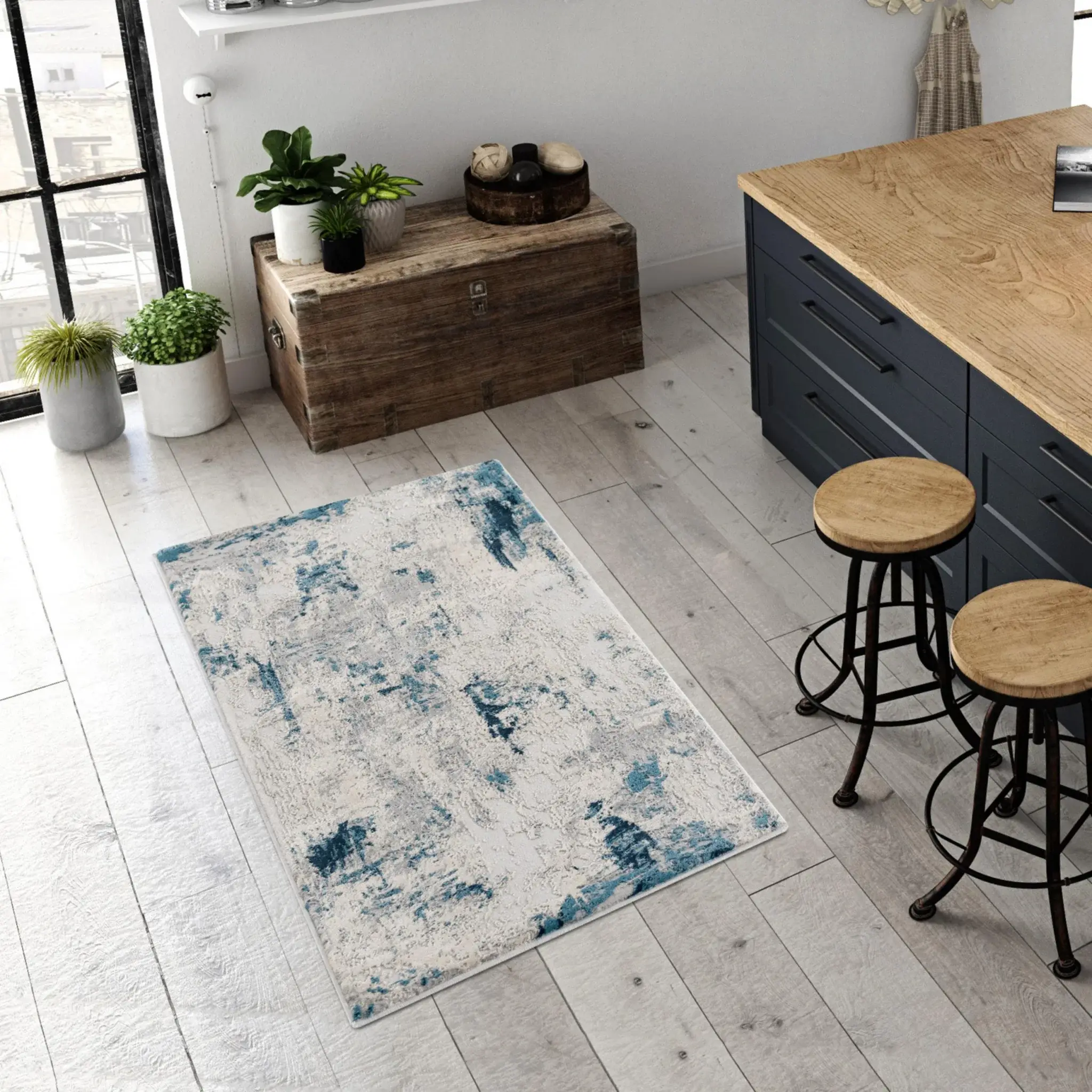 3' X 5' Blue And Ivory Abstract Strokes Area Rug - Image 4