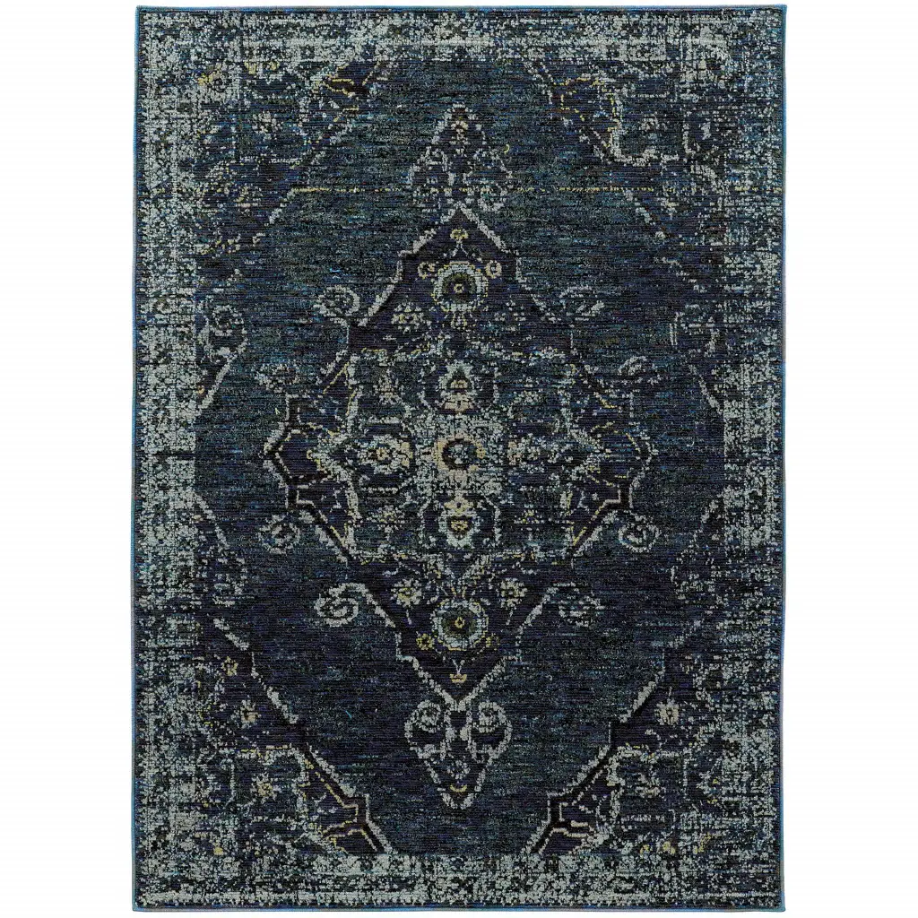 3' X 5' Blue and Ivory Oriental Power Loom Area Rug - Image 2
