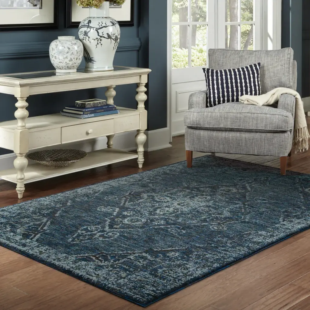3' X 5' Blue and Ivory Oriental Power Loom Area Rug - Image 5