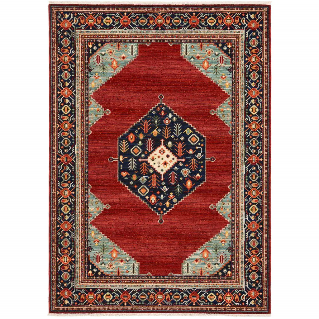 3' X 5' Blue and Red Oriental Power Loom Area Rug - Image 2