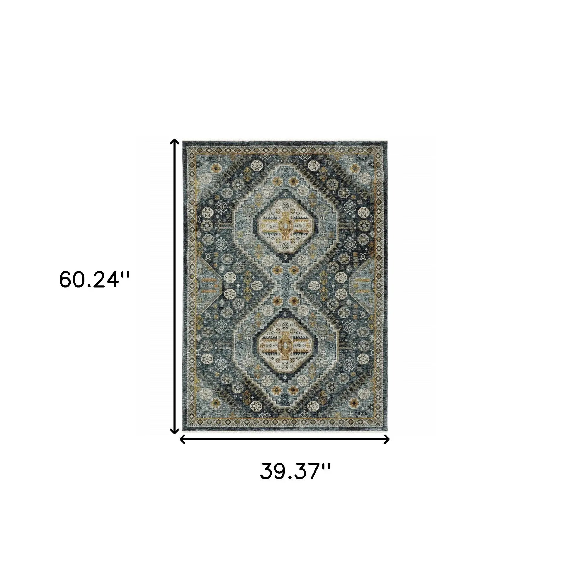 3' X 5' Blue Gold Ivory And Navy Oriental Power Loom Stain Resistant Area Rug With Fringe - Image 3