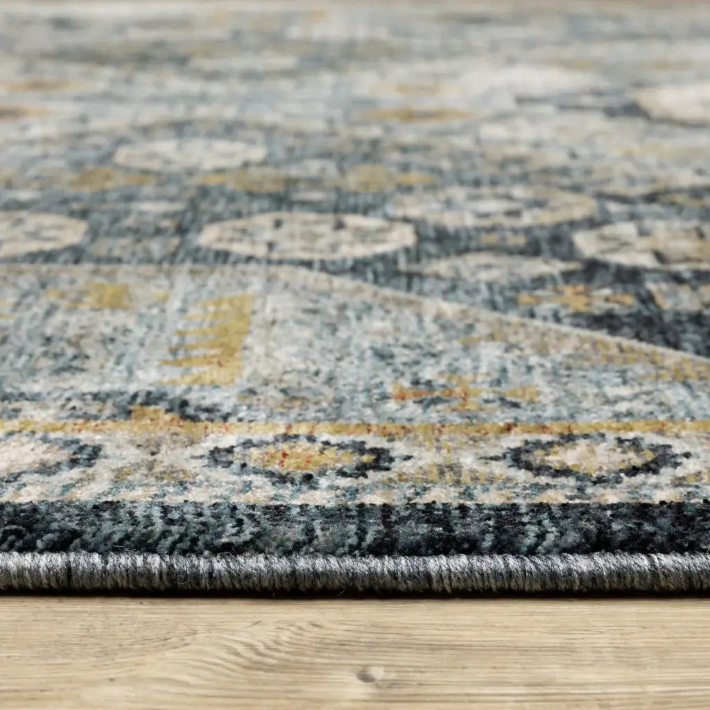 3' X 5' Blue Gold Ivory And Navy Oriental Power Loom Stain Resistant Area Rug With Fringe - Image 4