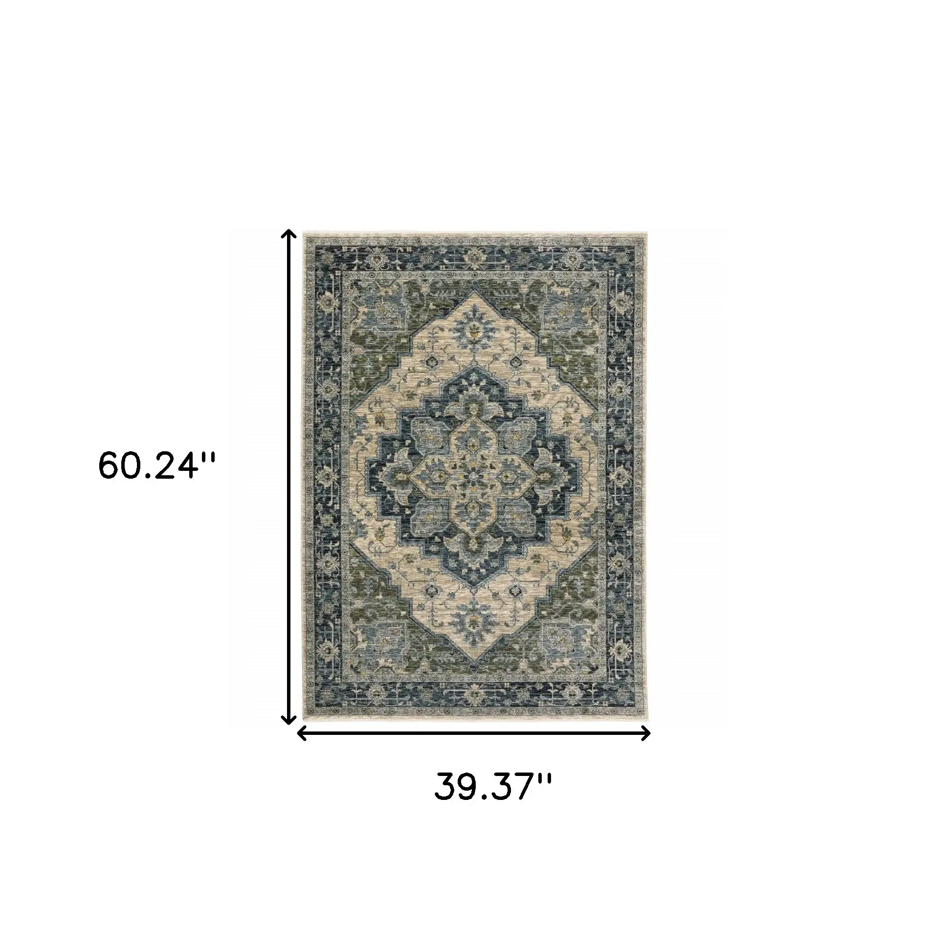 3' X 5' Blue Grey Beige Tan Green And Gold Oriental Power Loom Stain Resistant Area Rug With Fringe - Image 3