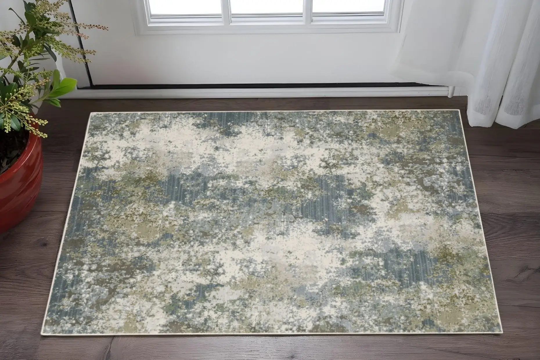 3' X 5' Blue Grey Green And Beige Abstract Power Loom Stain Resistant Area Rug - Image 2