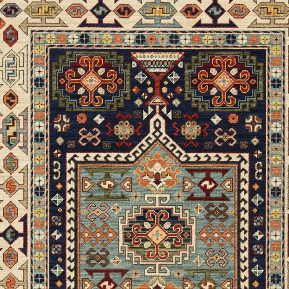 3' X 5' Blue Ivory Machine Woven Medallion Indoor Area Rug - Image 2