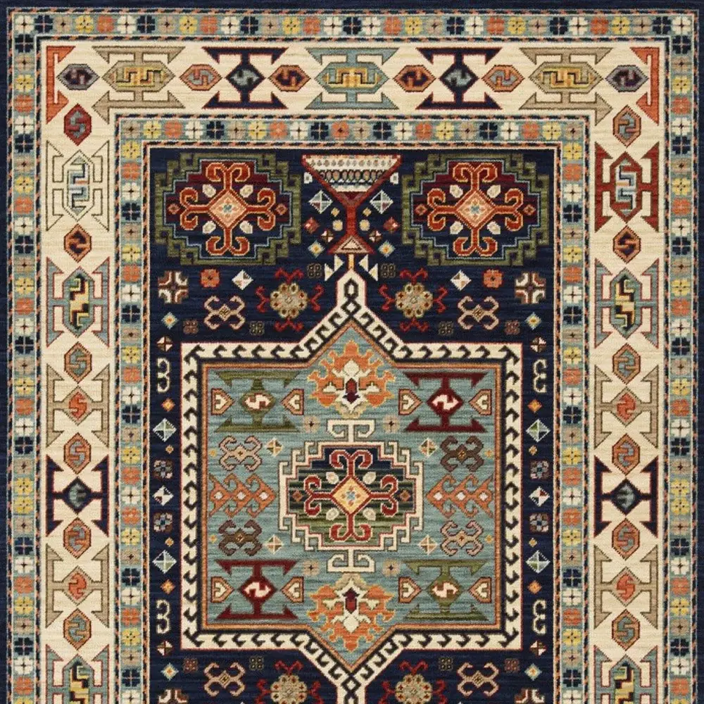 3' X 5' Blue Ivory Machine Woven Medallion Indoor Area Rug - Image 3