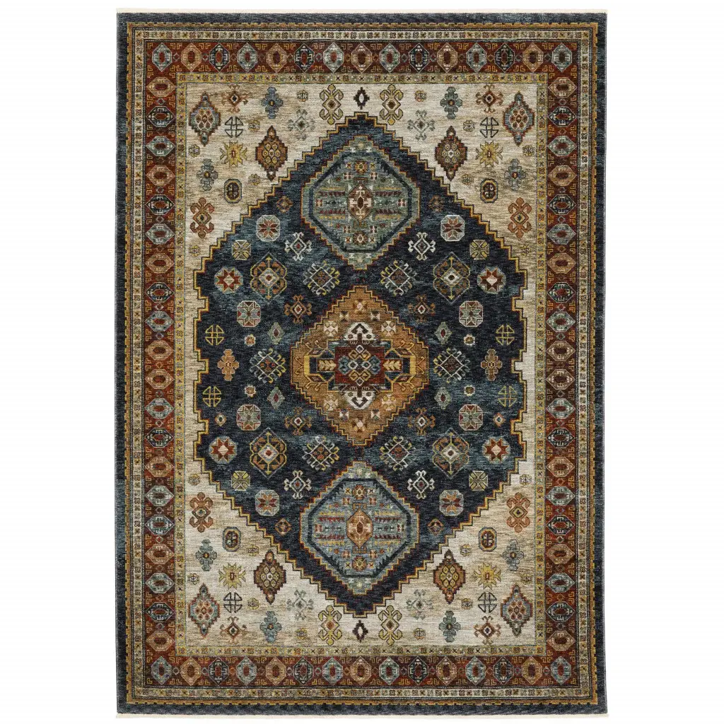 3' X 5' Blue Red Beige Orange Gold And Tan Oriental Power Loom Stain Resistant Area Rug With Fringe - Image 2