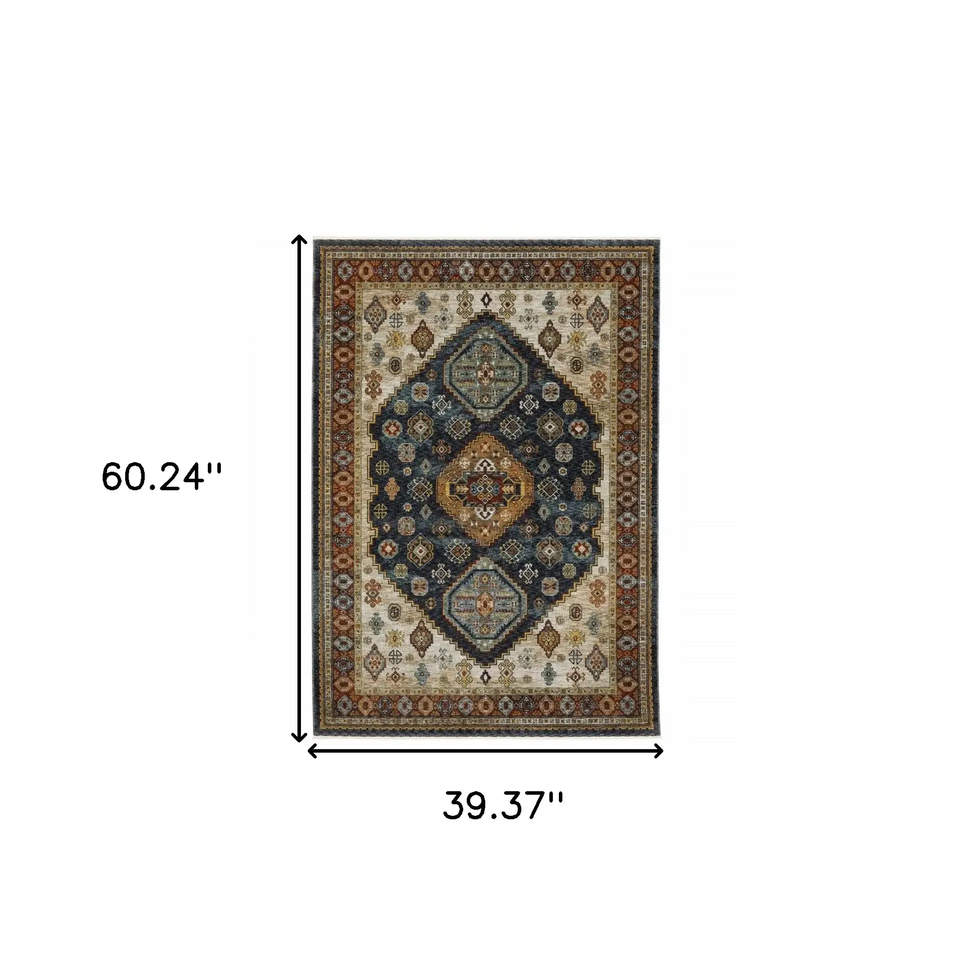 3' X 5' Blue Red Beige Orange Gold And Tan Oriental Power Loom Stain Resistant Area Rug With Fringe - Image 3