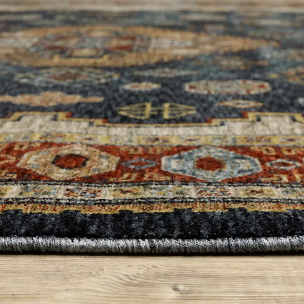 3' X 5' Blue Red Beige Orange Gold And Tan Oriental Power Loom Stain Resistant Area Rug With Fringe - Image 4