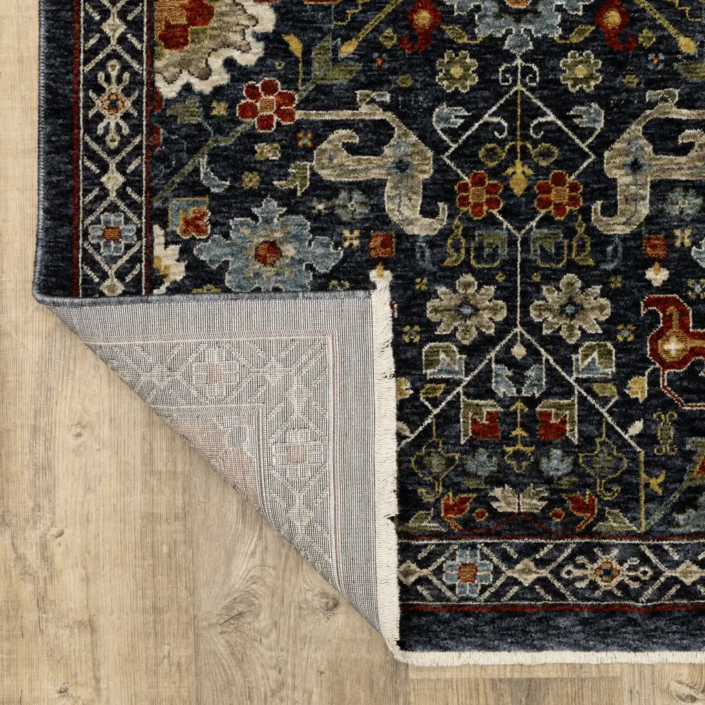 3' X 5' Blue Red Ivory And Gold Oriental Power Loom Stain Resistant Area Rug With Fringe - Image 7
