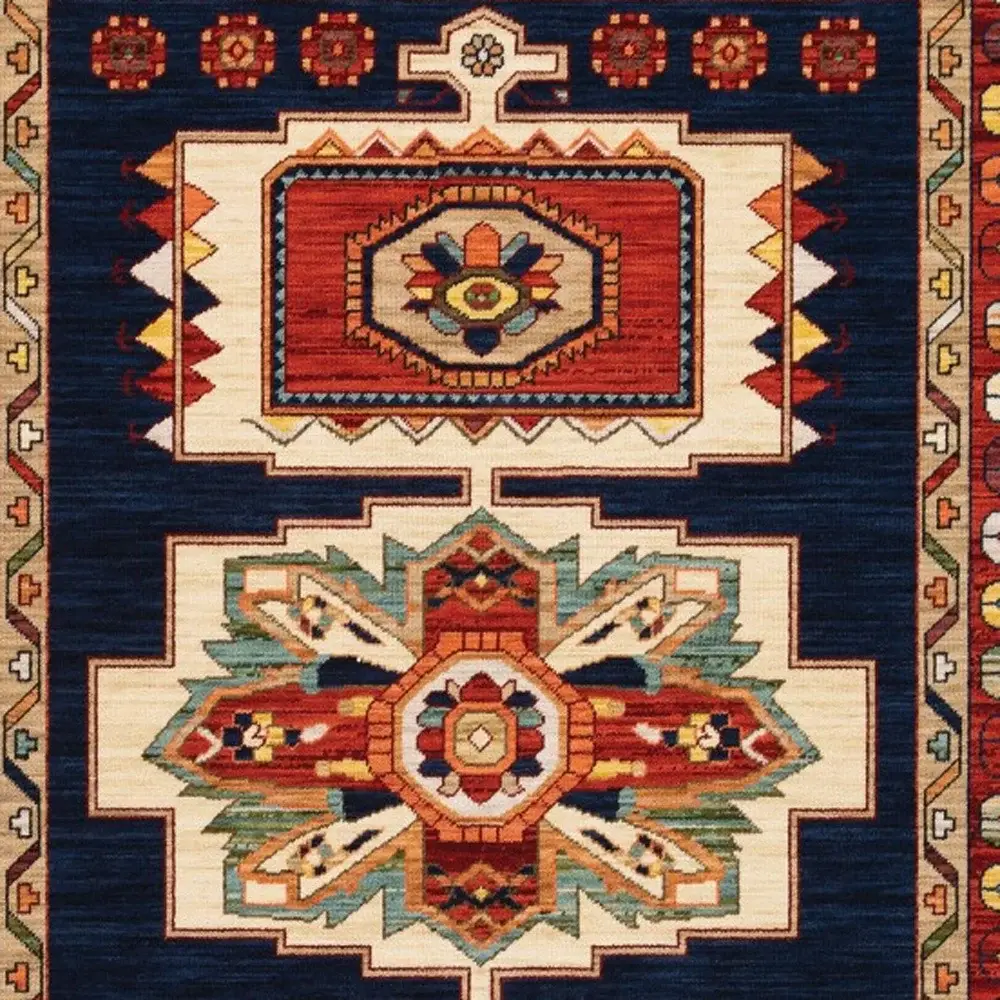3' X 5' Blue Red Machine Woven Medallions Indoor Area Rug - Image 3