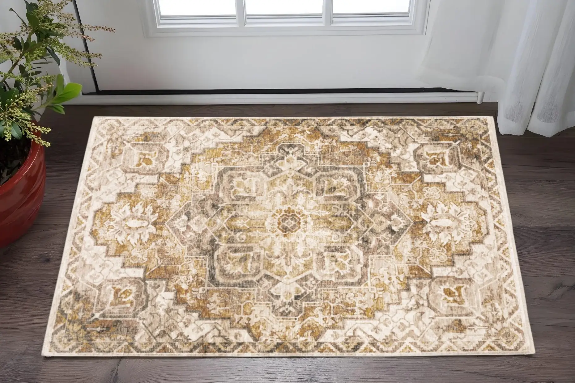 3' X 5' Gold And Ivory Oriental Power Loom Stain Resistant Area Rug With Fringe