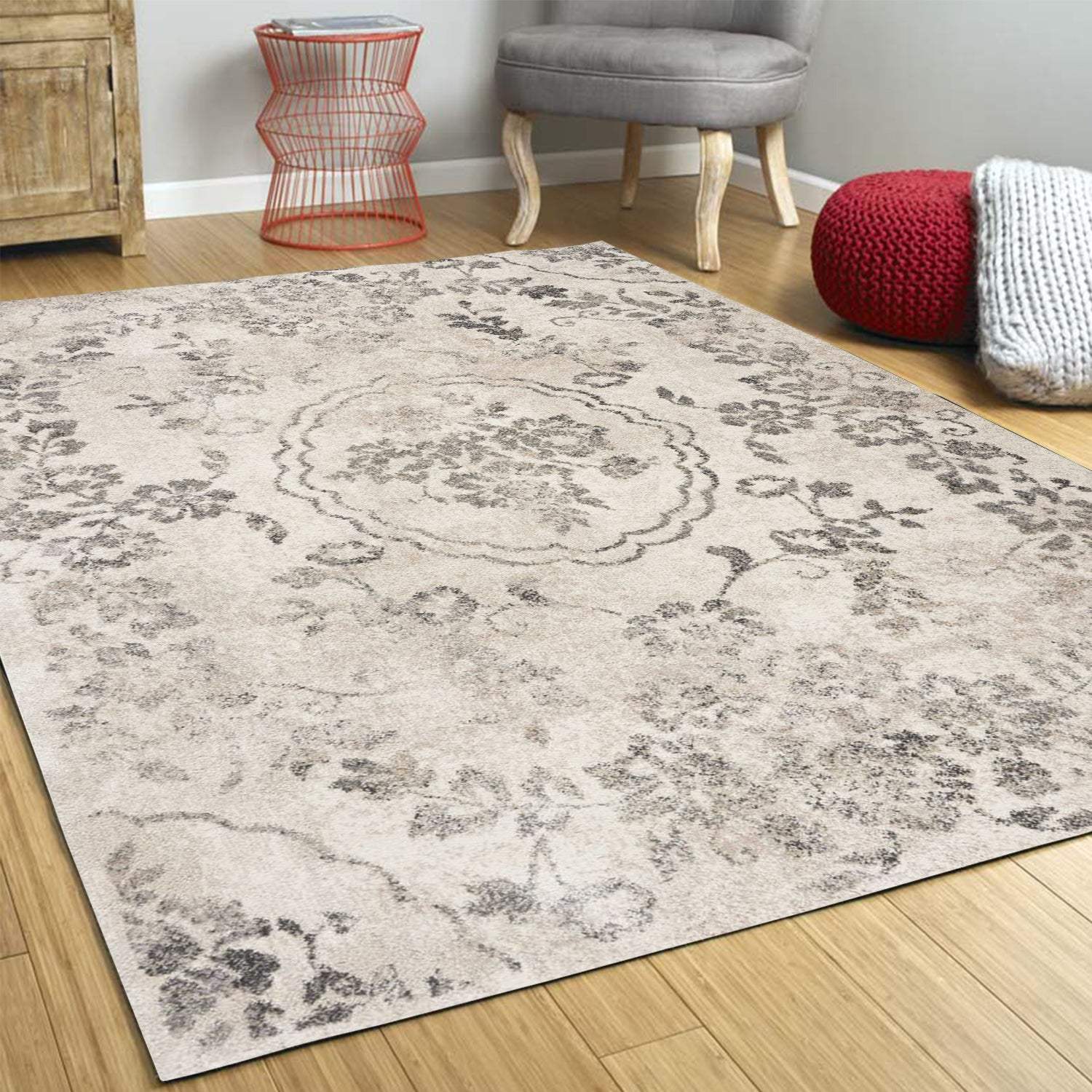 3' X 5' Gray Floral Vines Distressed Area Rug - Image 6