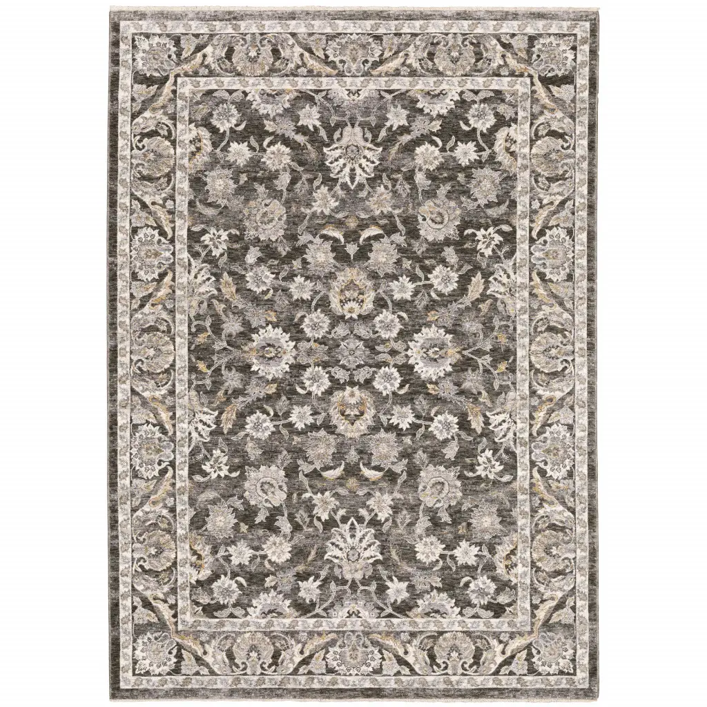 3' X 5' Grey And Ivory Oriental Power Loom Stain Resistant Area Rug With Fringe