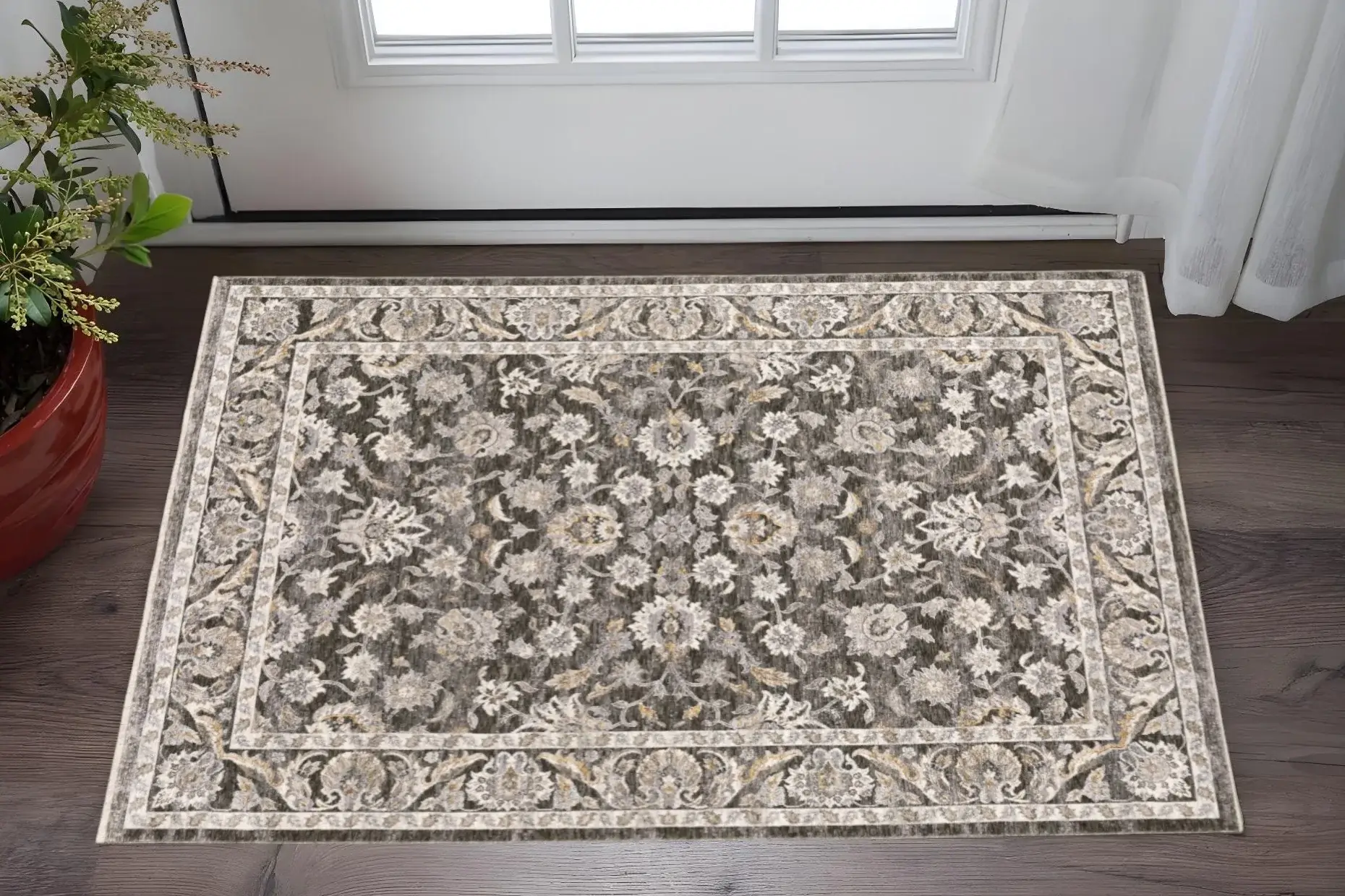 3' X 5' Grey And Ivory Oriental Power Loom Stain Resistant Area Rug With Fringe - Image 2
