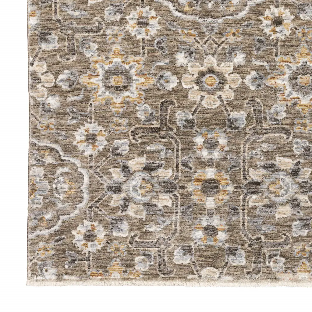3' X 5' Grey And Tan Floral Power Loom Stain Resistant Area Rug With Fringe - Image 4