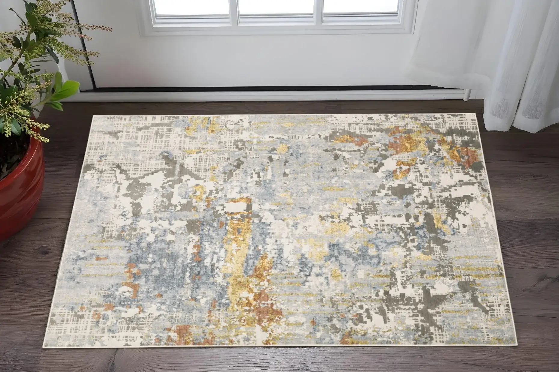 3' X 5' Grey Blue Beige Gold And Rust Abstract Power Loom Stain Resistant Area Rug