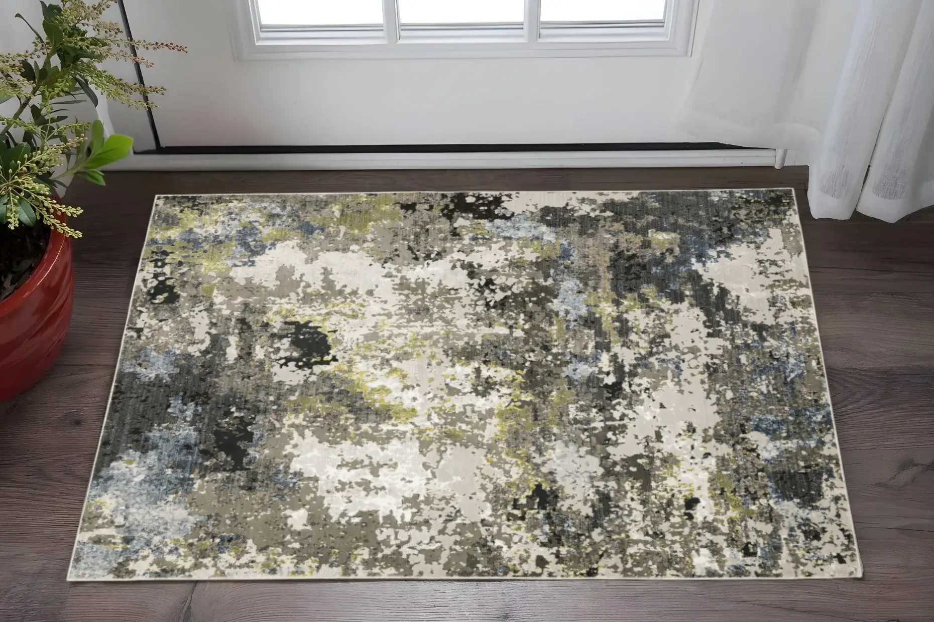 3' X 5' Grey Green Gold Blue And Beige Abstract Power Loom Stain Resistant Area Rug - Image 2
