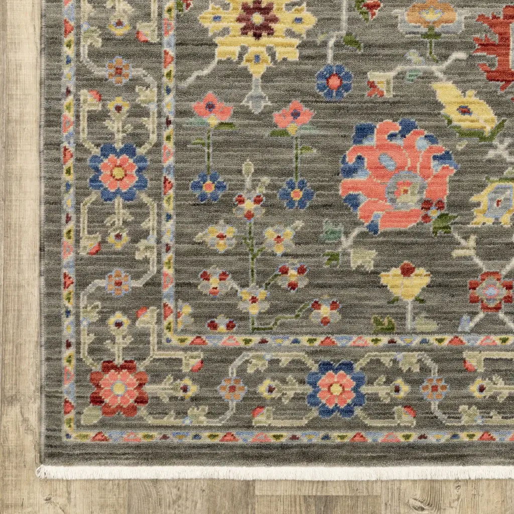 3' X 5' Grey Salmon Pink Gold Blue Rust Deep Blue Ivory And Green Oriental Power Loom Stain Resistant Area Rug With Fringe - Image 2