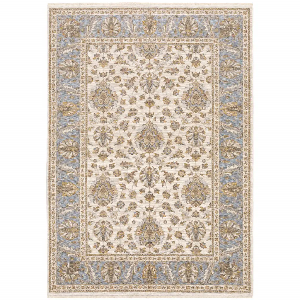 3' X 5' Ivory And Blue Oriental Power Loom Stain Resistant Area Rug With Fringe - Image 2
