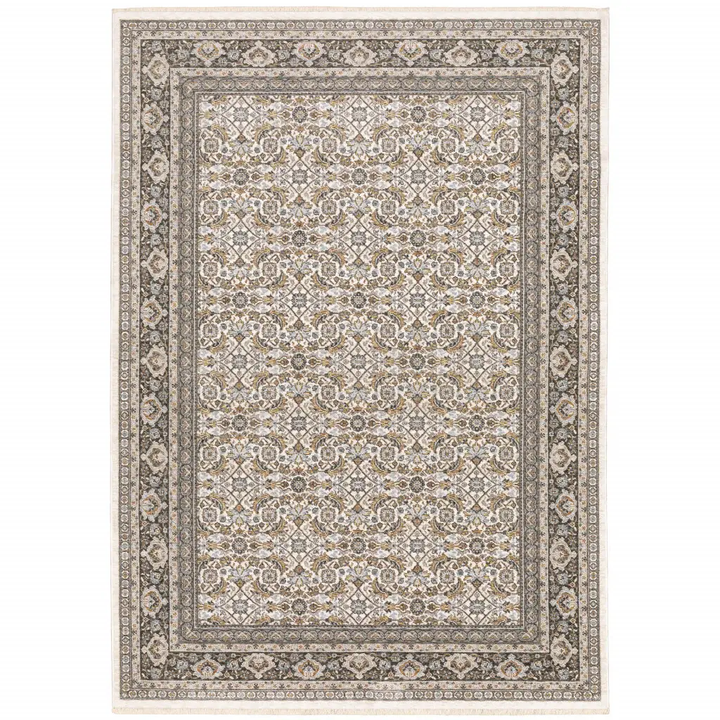 3' X 5' Ivory And Grey Oriental Power Loom Stain Resistant Area Rug With Fringe - Image 2