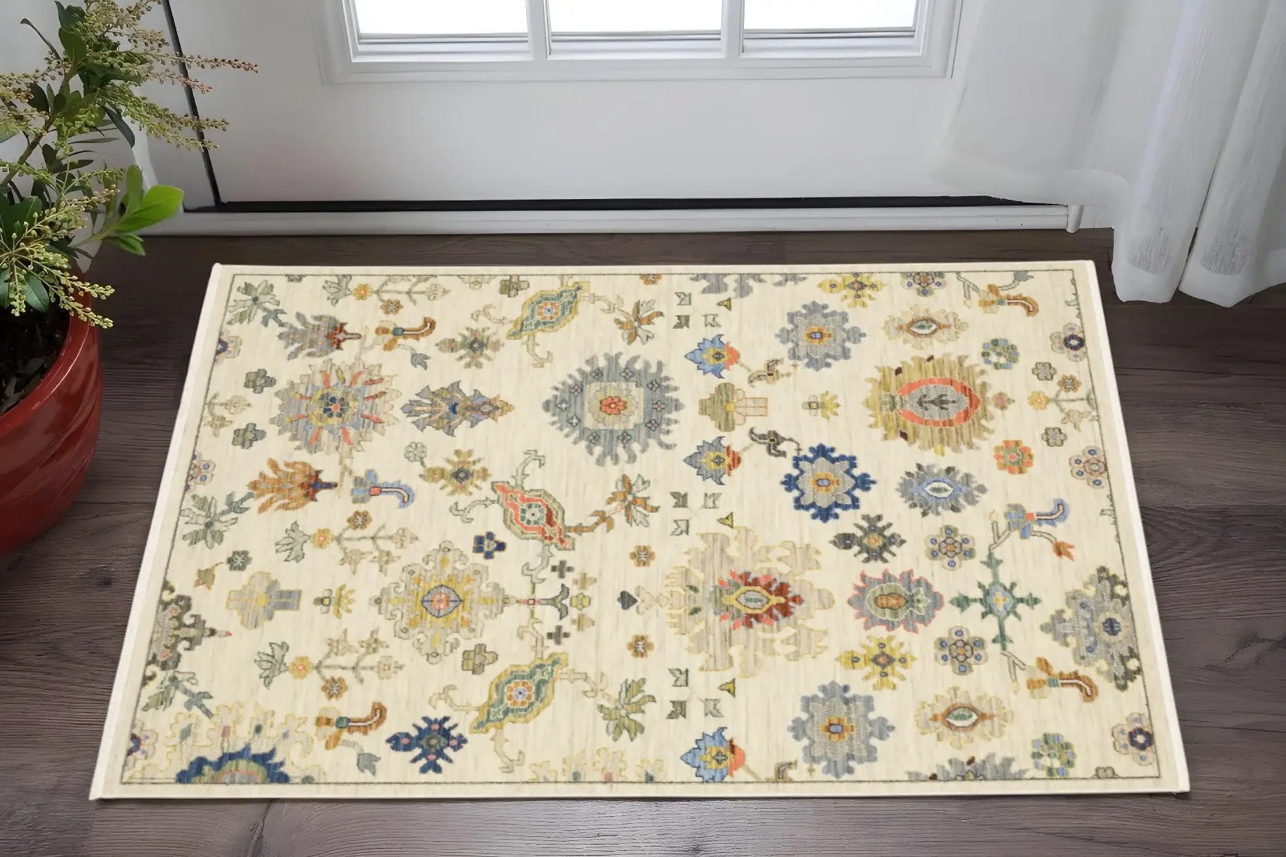 3' X 5' Ivory Beige Gold Grey Blue Pink Red Rust And Green Oriental Power Loom Stain Resistant Area Rug With Fringe