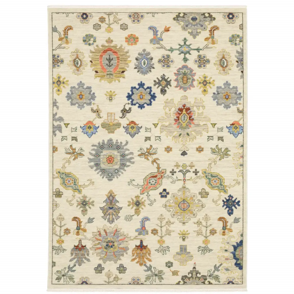 3' X 5' Ivory Beige Gold Grey Blue Pink Red Rust And Green Oriental Power Loom Stain Resistant Area Rug With Fringe - Image 2