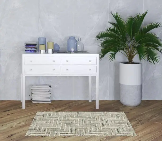 3' X 5' Ivory Beige Grey Brown Pale Blue And Charcoal Geometric Power Loom Stain Resistant Area Rug - Image 2