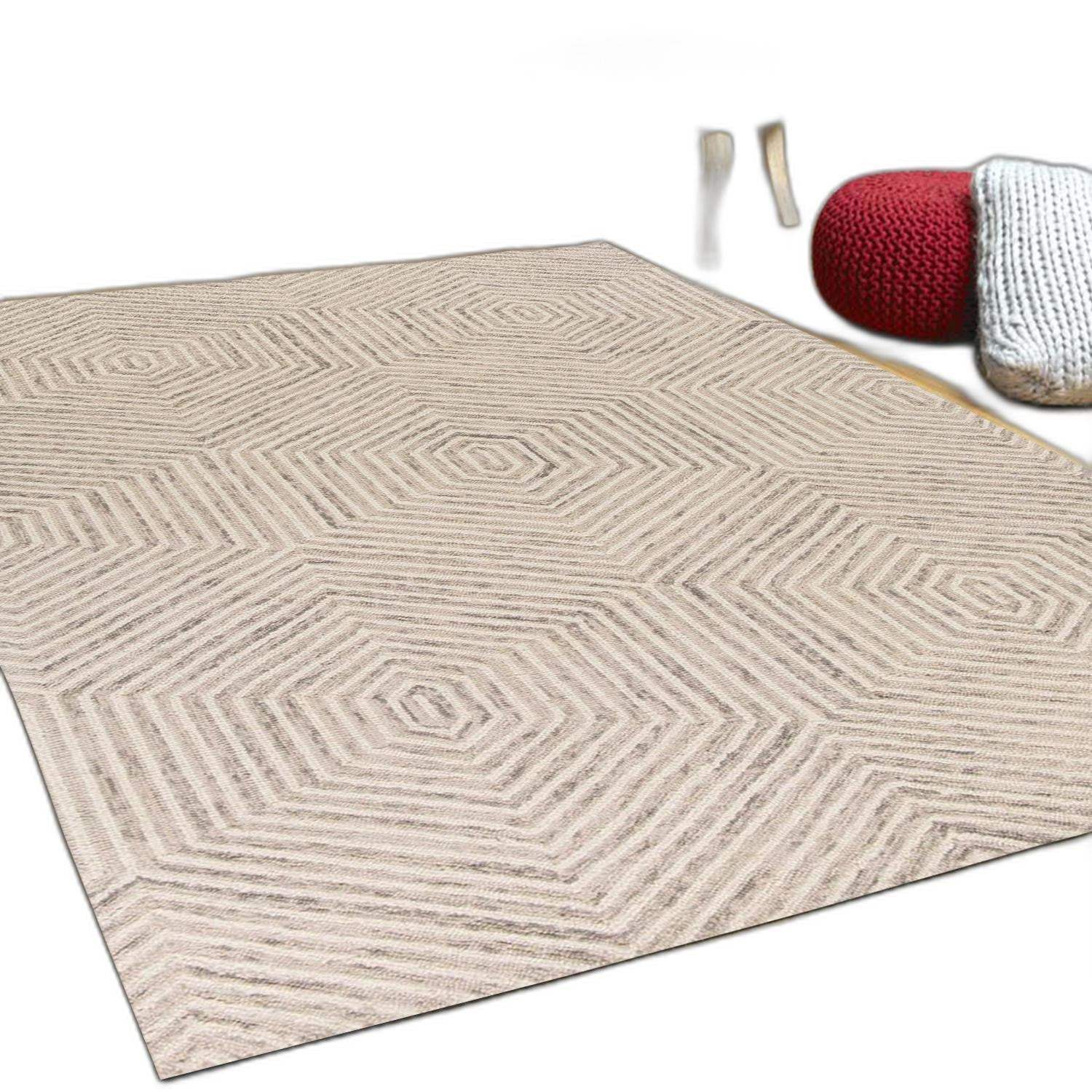 3' X 5' Ivory Geometric Hexagon Wool Area Rug - Image 3