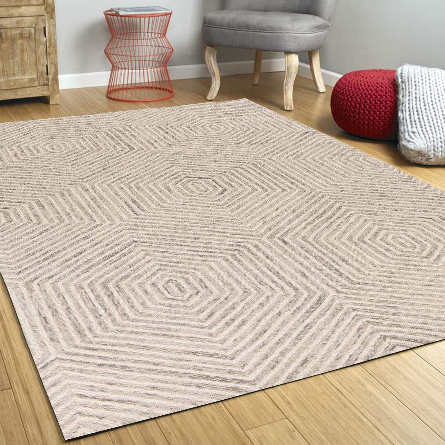 3' X 5' Ivory Geometric Hexagon Wool Area Rug - Image 5
