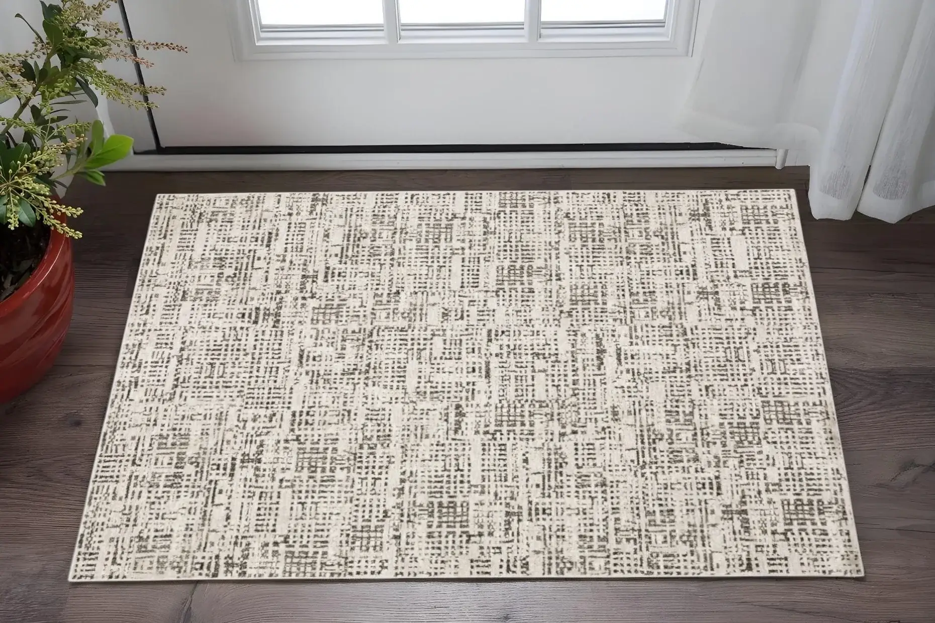 3' X 5' Ivory Grey Charcoal Brown And Beige Abstract Power Loom Stain Resistant Area Rug
