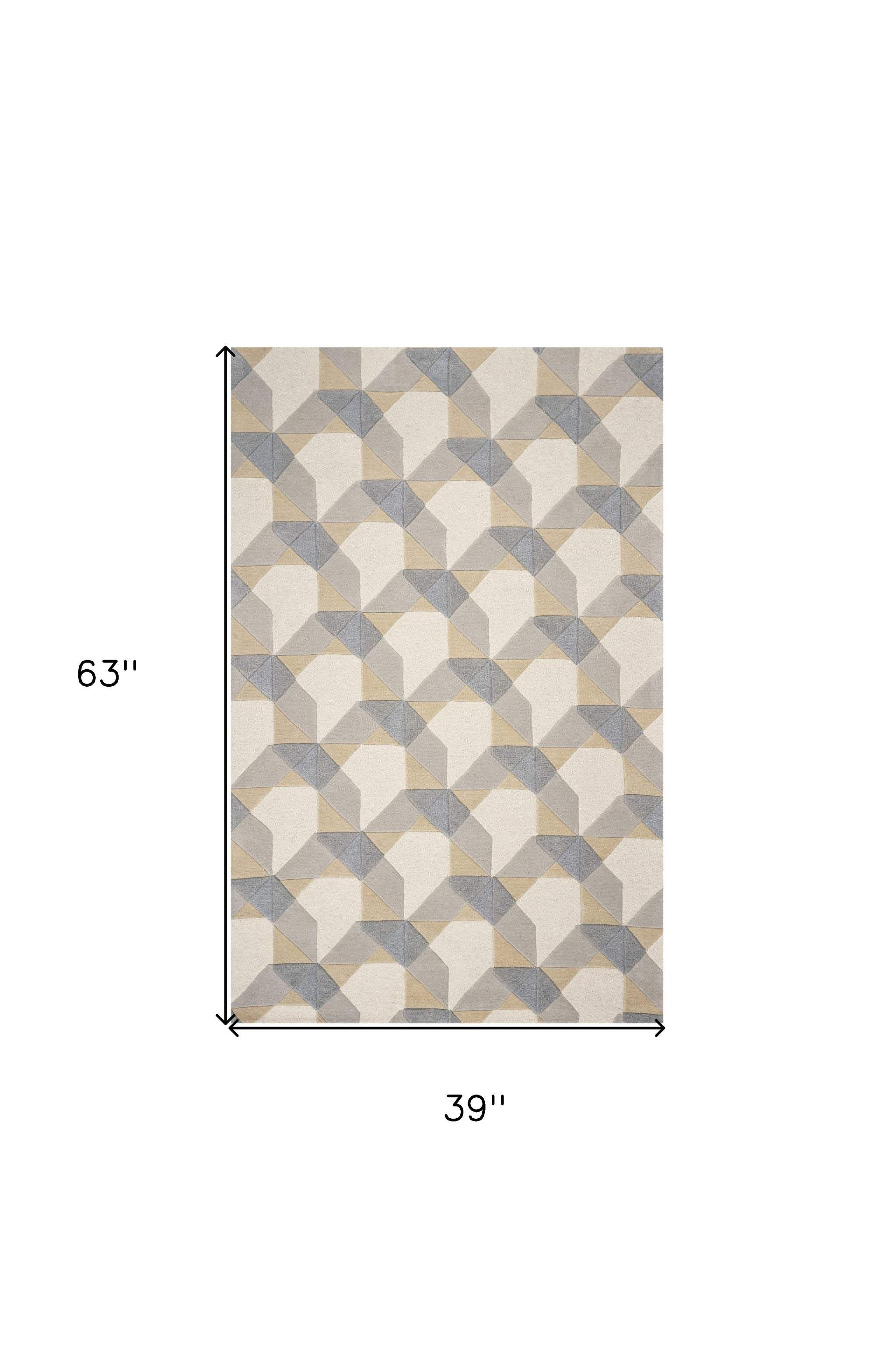 3' X 5' Ivory Or Grey Geometric Wool Area Rug - Image 3