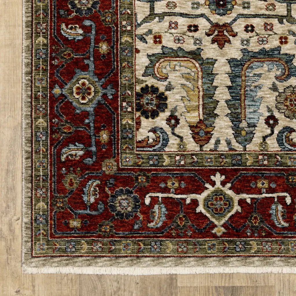 3' X 5' Ivory Red Green Grey Blue And Navy Oriental Power Loom Stain Resistant Area Rug With Fringe - Image 4