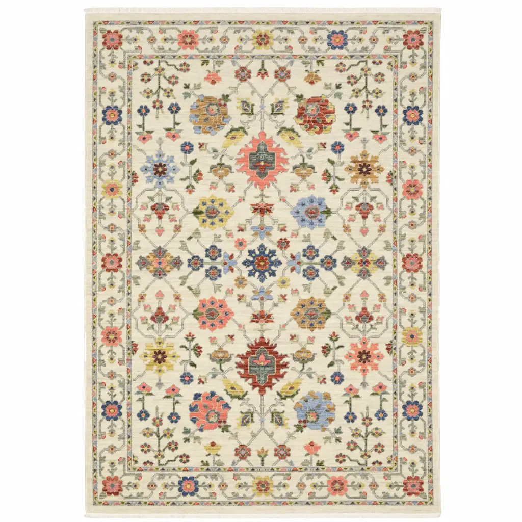 3' X 5' Ivory Salmon Pink Gold Blues Grey Rust And Green Oriental Power Loom Stain Resistant Area Rug With Fringe - Image 2