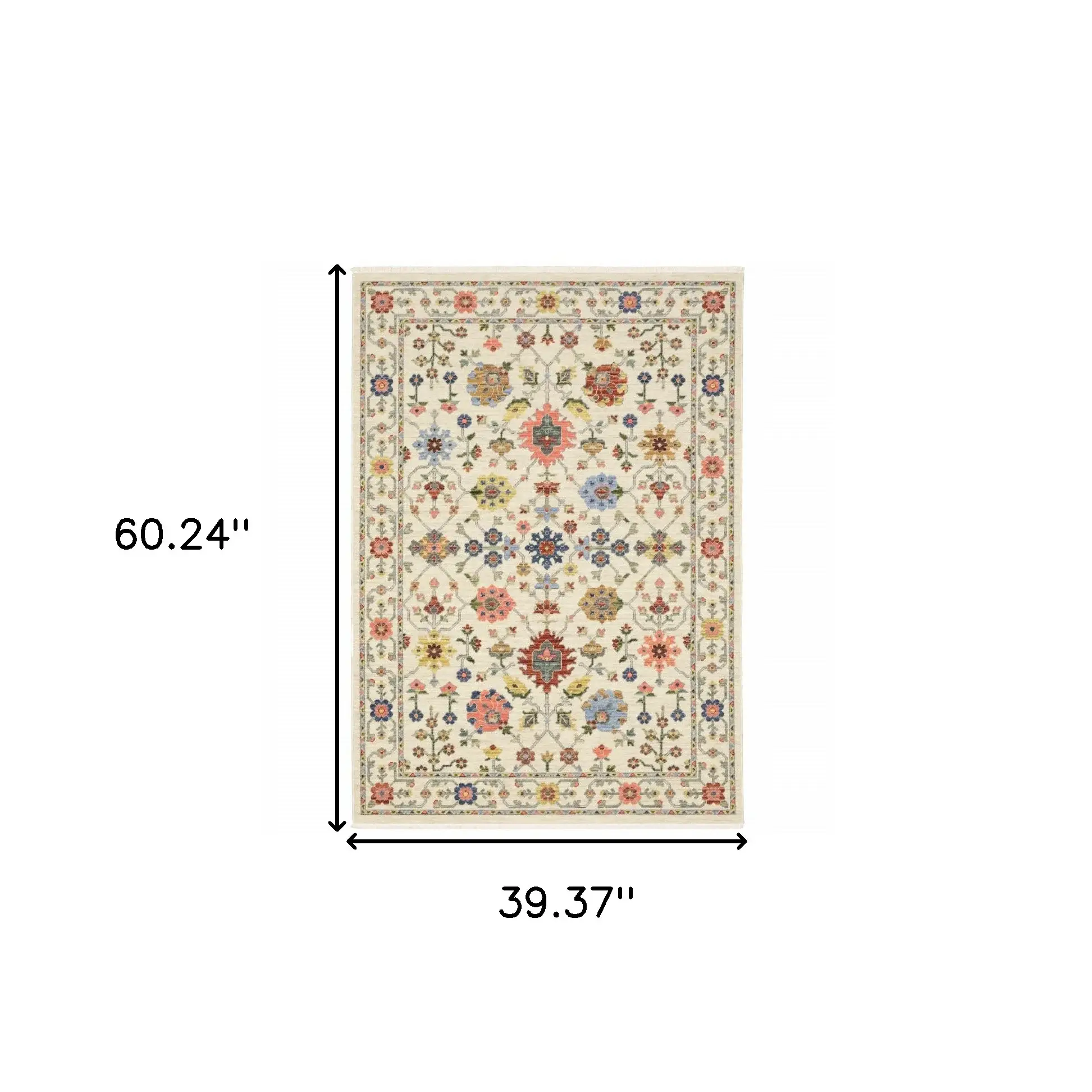 3' X 5' Ivory Salmon Pink Gold Blues Grey Rust And Green Oriental Power Loom Stain Resistant Area Rug With Fringe - Image 3