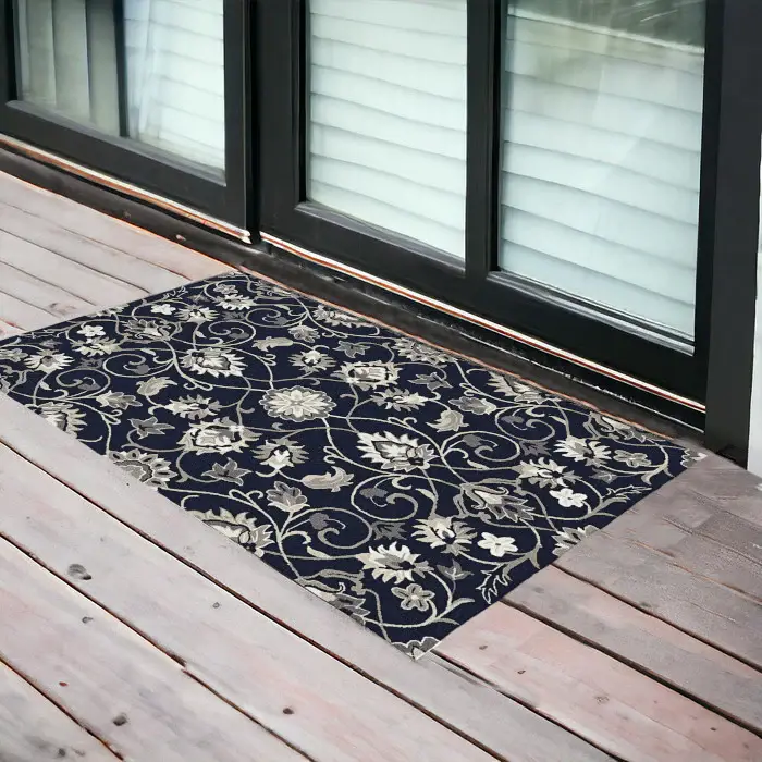 3' X 5' Navy Blue Floral Handmade Indoor Outdoor Area Rug