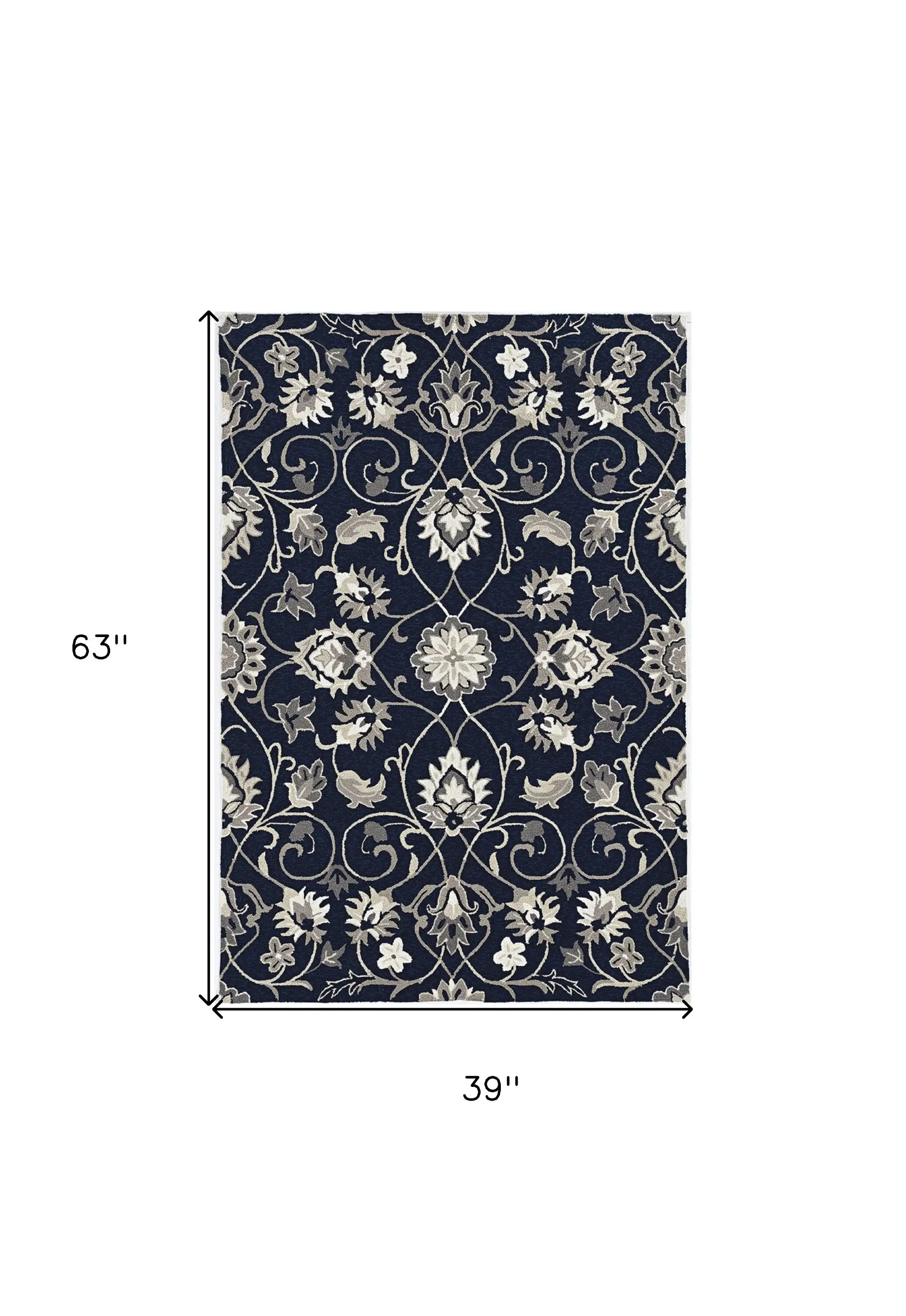 3' X 5' Navy Blue Floral Handmade Indoor Outdoor Area Rug - Image 3