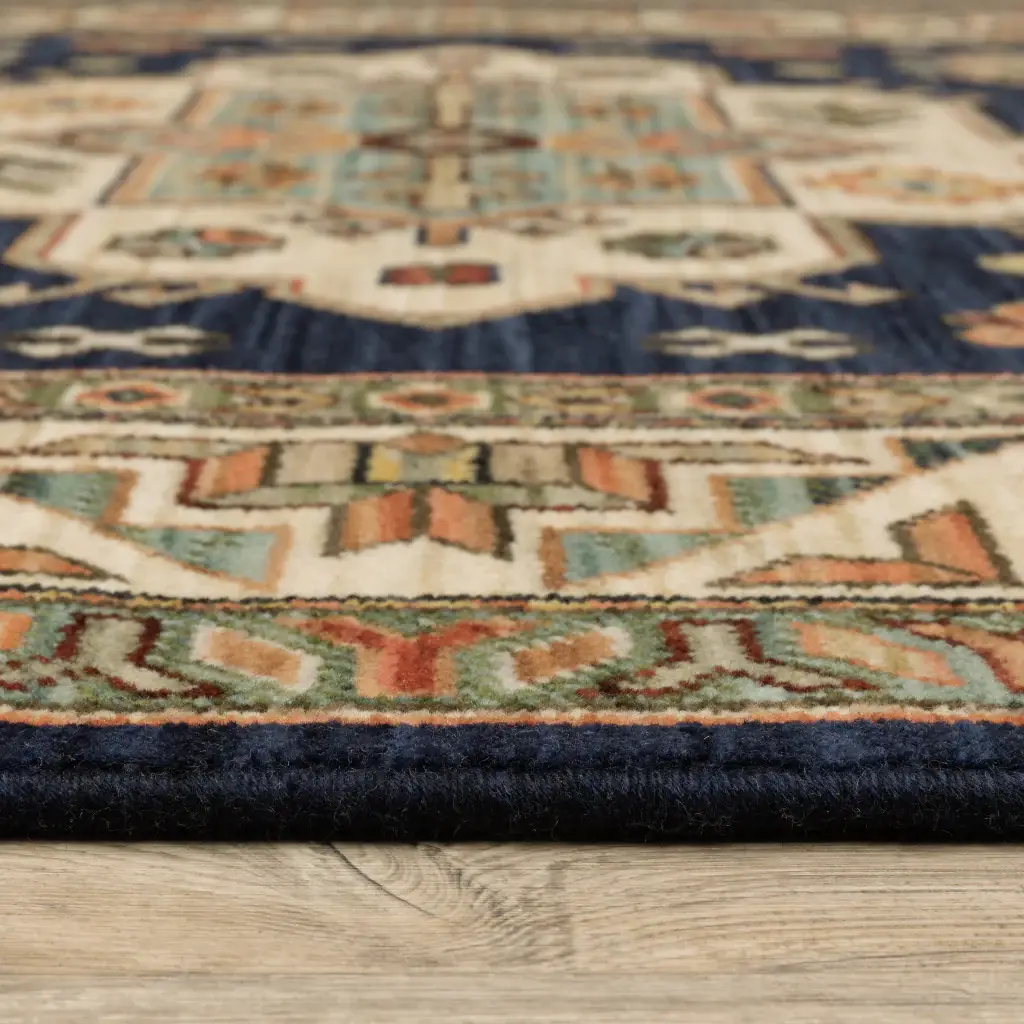 3' X 5' Navy Charcoal Orange Rust Gold Pale Blue Olive Beige And Salmon Oriental Power Loom Stain Resistant Area Rug With Fringe - Image 8