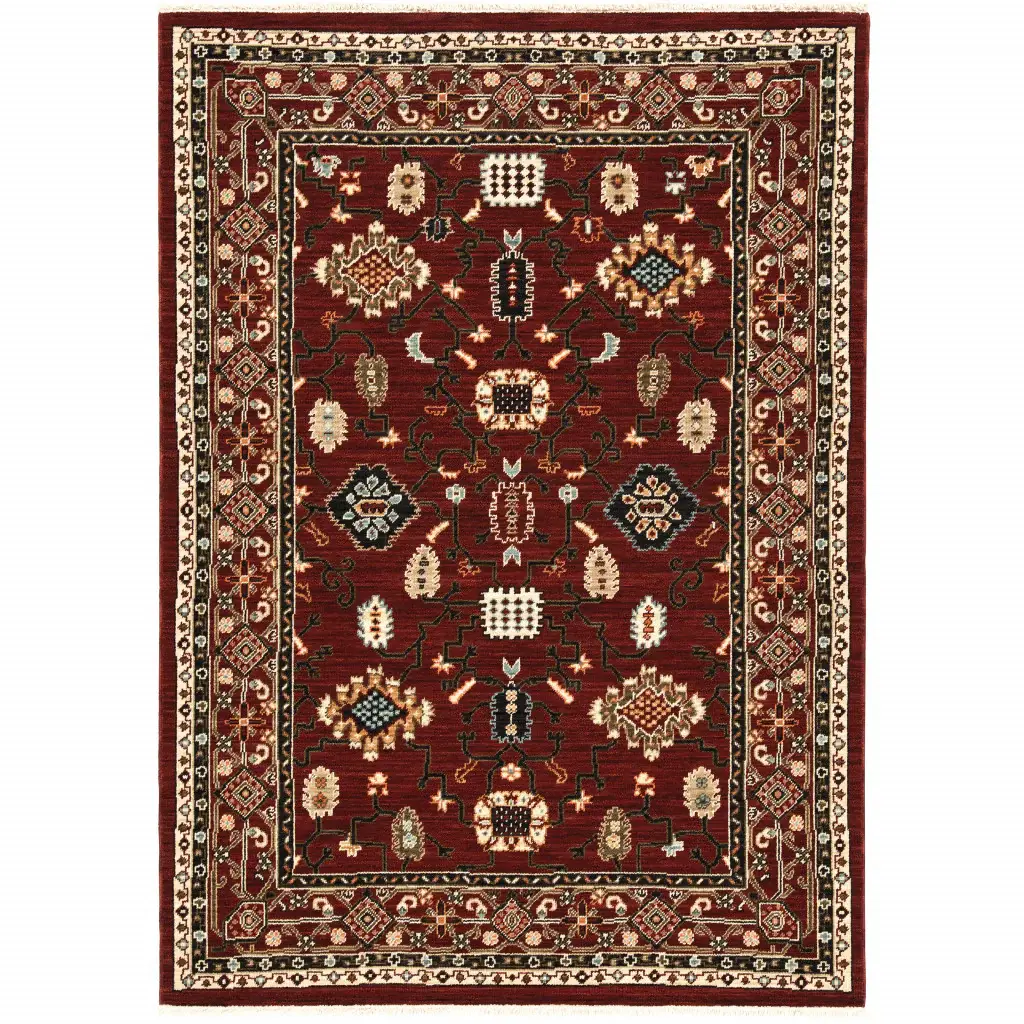 3' X 5' Red Black Ivory And Brown Oriental Power Loom Stain Resistant Area Rug With Fringe - Image 2