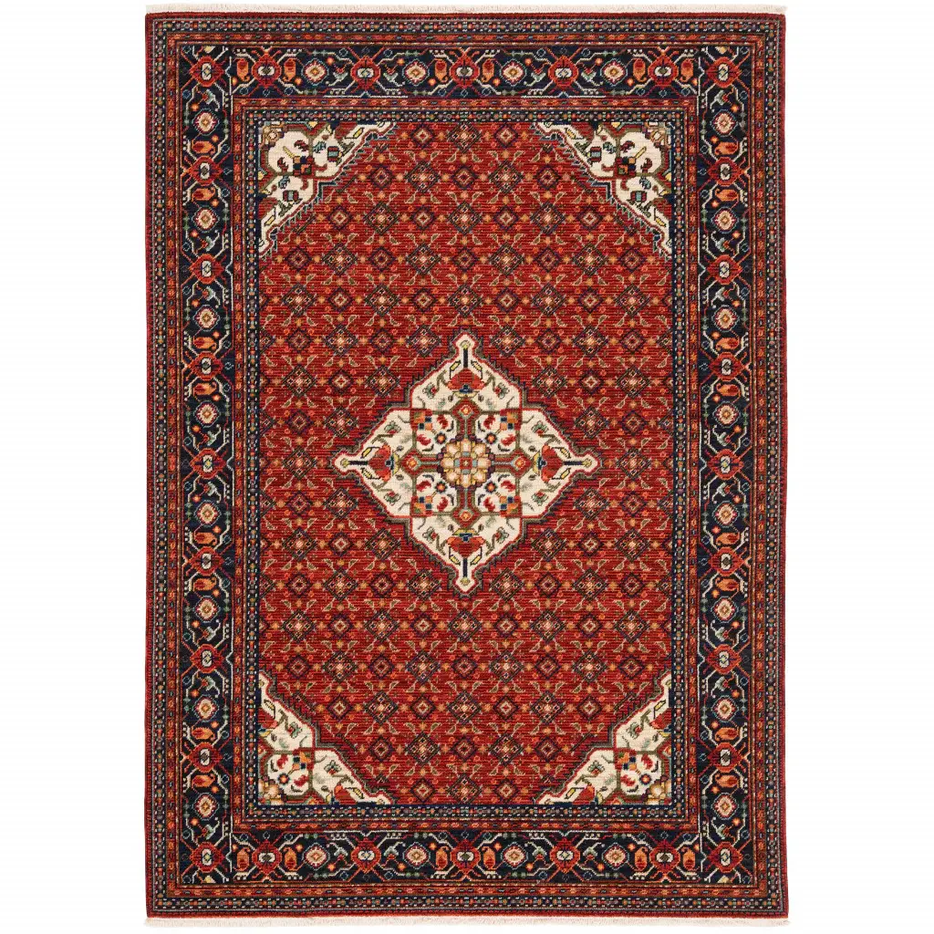3' X 5' Red Blue Ivory And Orange Oriental Power Loom Stain Resistant Area Rug With Fringe